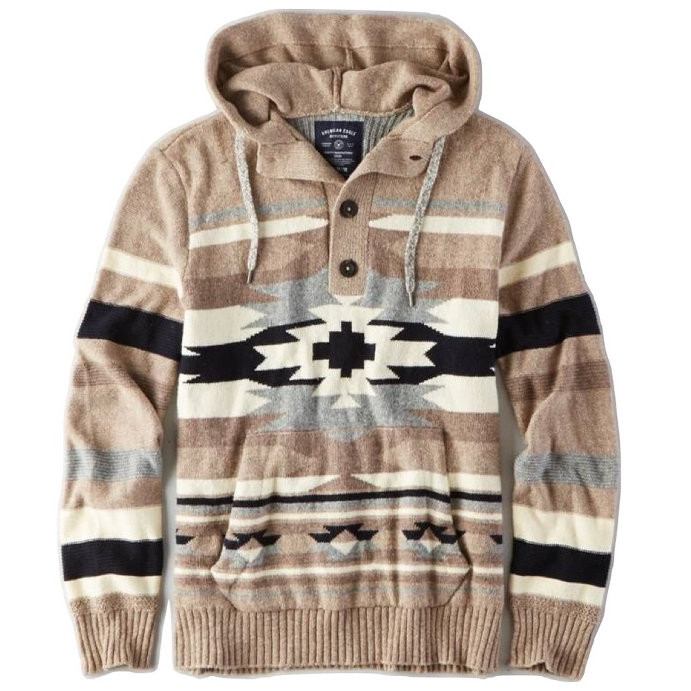 American Eagle Beige-Brown Aztec Sweater Hoodie